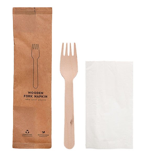 Kraft Kağıt Ambalajlı Tahta Çatal Peçete Seti 50'li