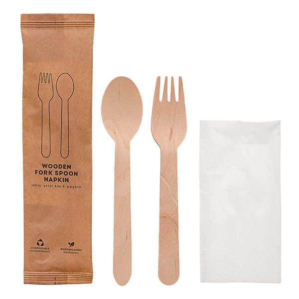 Kraft Kağıt Ambalajlı Tahta Çatal Kaşık Seti 50'li
