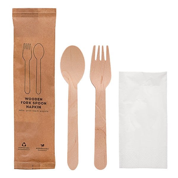 Kraft Kağıt Ambalajlı Tahta Çatal Kaşık Seti 50'li
