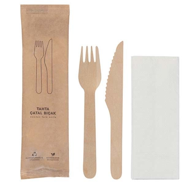 Kraft Kağıt Ambalajlı Tahta Çatal Bıçak Seti 50'li