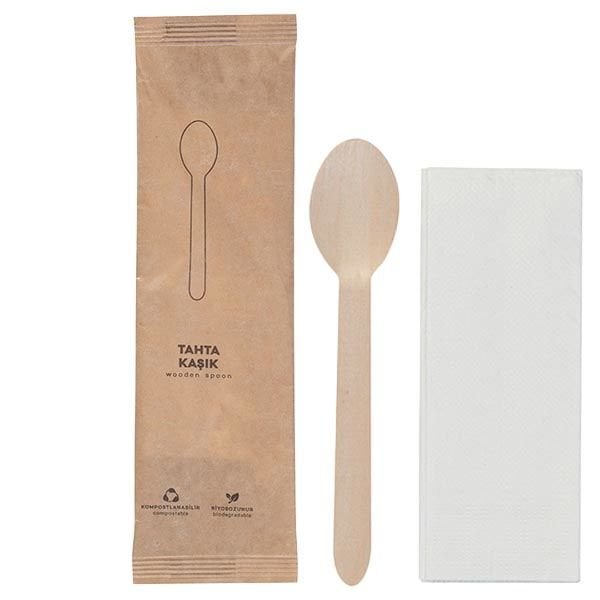 Kraft Kağıt Ambalajlı Tahta Kaşık Peçete Seti 50'li