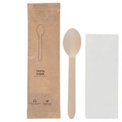 Kraft Kağıt Ambalajlı Tahta Kaşık Peçete Seti 50'li
