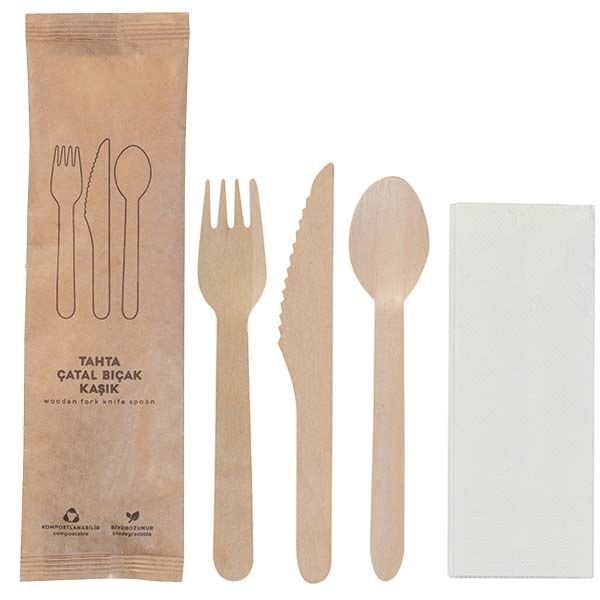 Kraft Kağıt Ambalajlı Tahta Çatal Bıçak Kaşık Seti 50'li