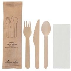 Kraft Kağıt Ambalajlı Tahta Çatal Bıçak Kaşık Seti 50'li